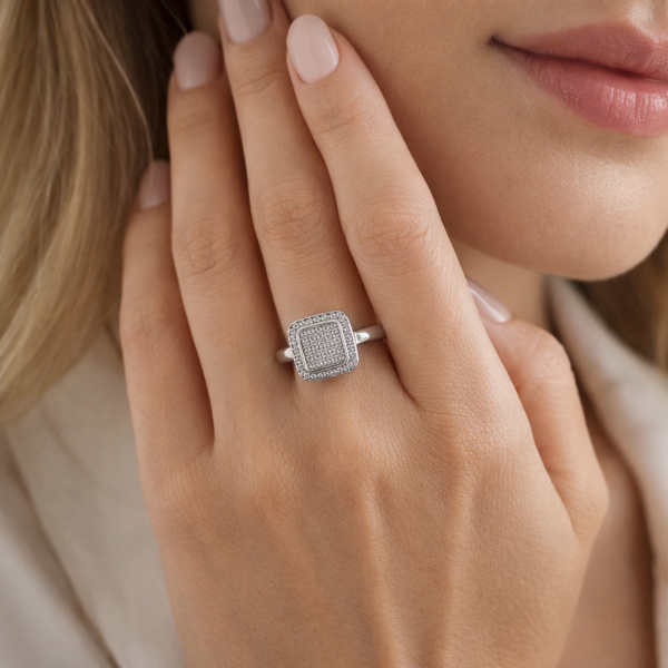 925 Sterling Silber Ring mit Zirkonia – Eleganter Damen Silberring Pavé Quadrat Rhodiniert